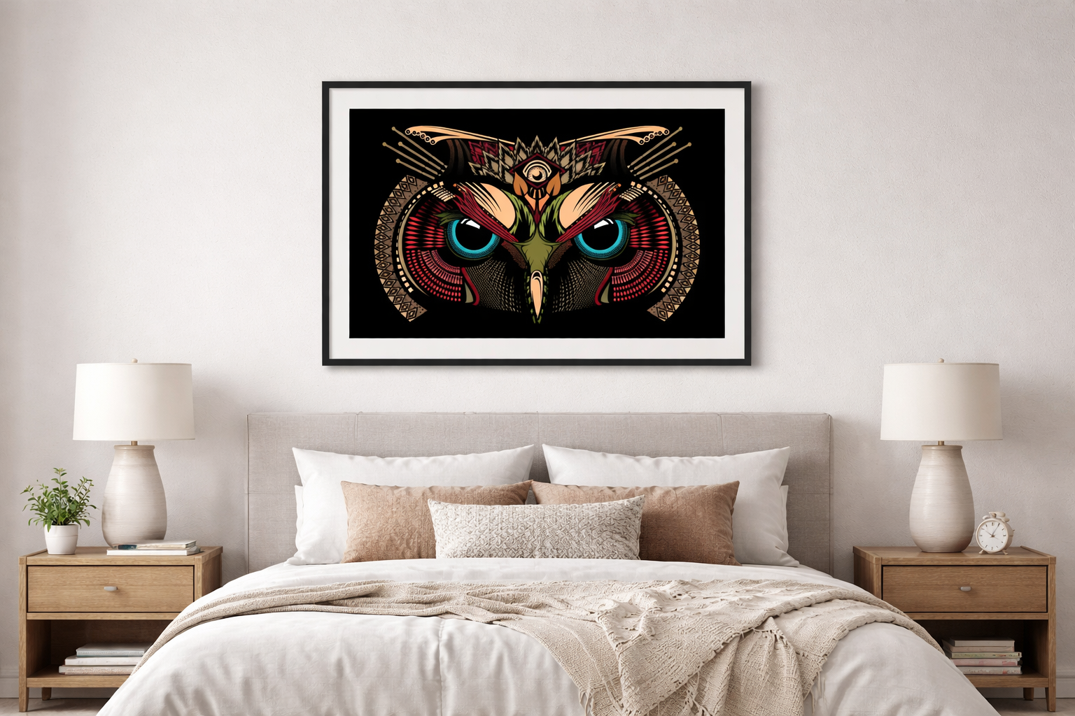 A photo sent in by a customer of The Dark Owl by Fieldinspired, printed mounted and framed Printed on high quality Somerset Enhanced Velvet, signed and certified limited edition. Photo is of the piece framed and hung on the wall above a bed.