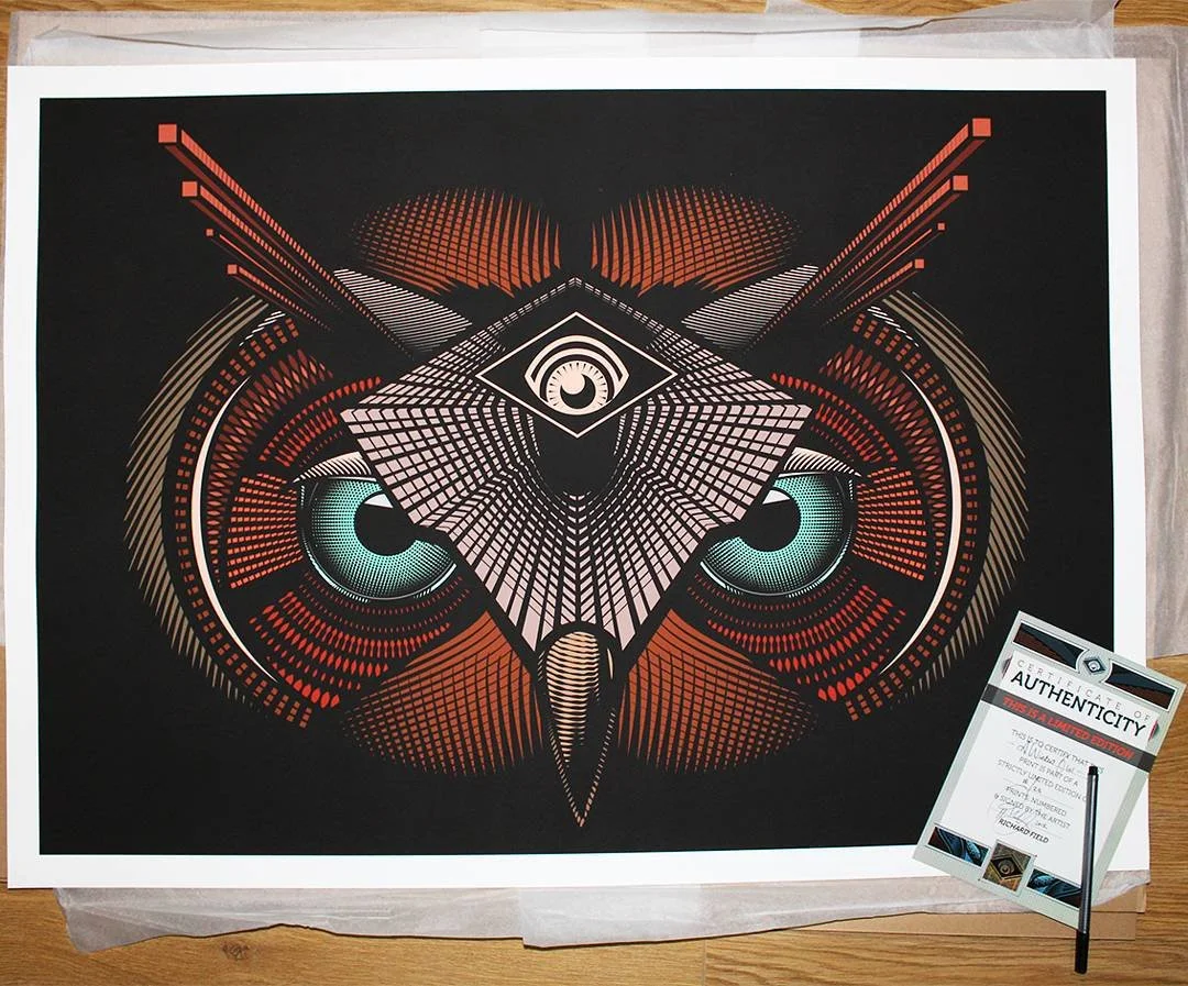 Artwork featuring an owl with intense green eyes, a geometric design, and an eye symbol on the forehead, on a black background.