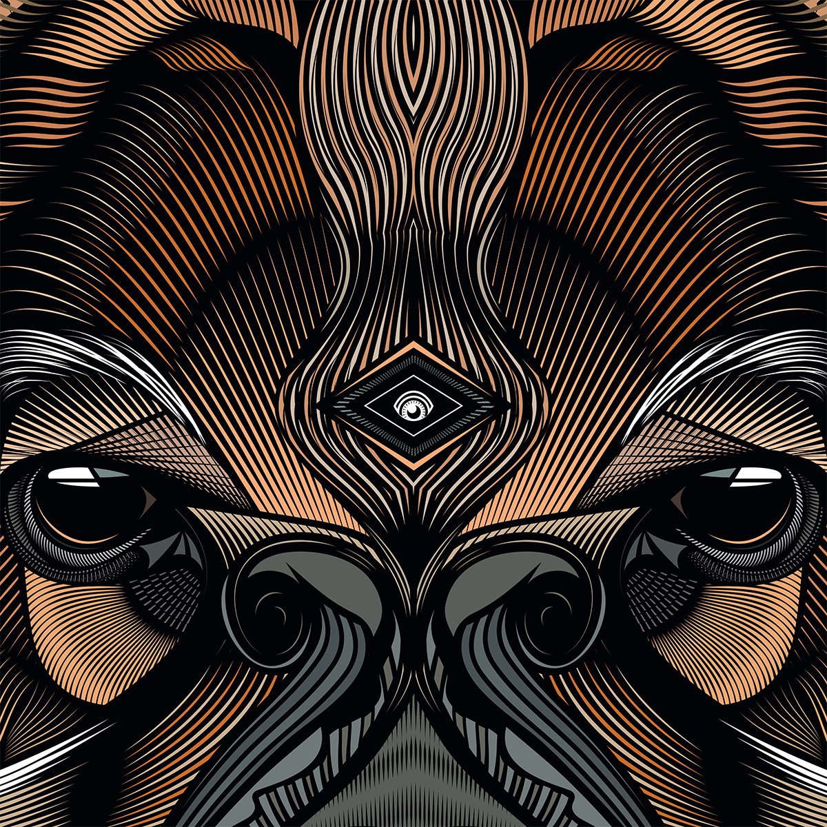 Abstract symmetrical line art resembling a stylized animal face, with eye-like shapes and intricate geometric patterns in black, white, and tan tones.