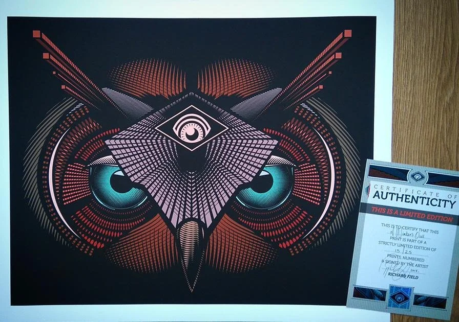 A digital artwork of an owl with glowing turquoise eyes, created with geometric lines and patterns in shades of black, red, and white, with an eye inside a diamond shape at the top center.