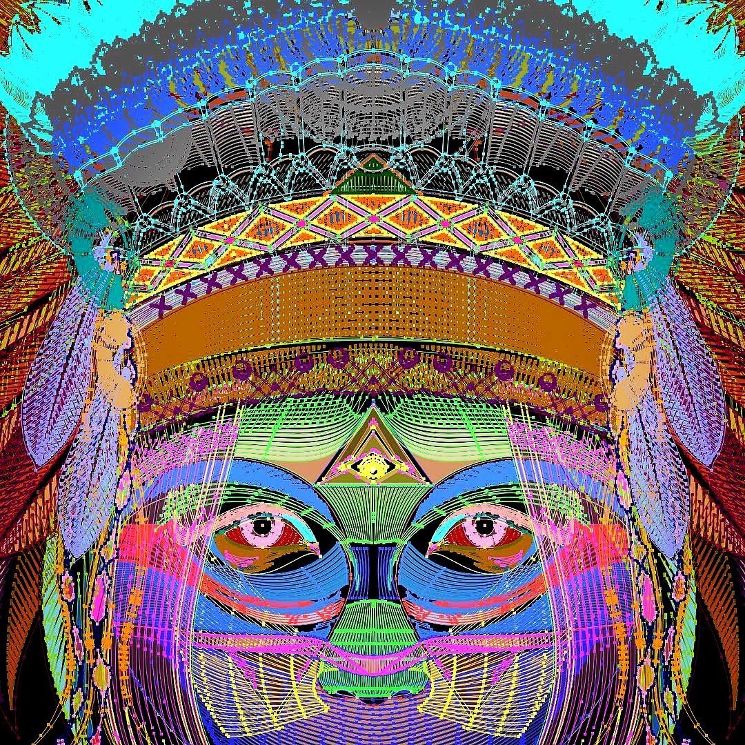 Colorful digital art of a face with glasses, surrounded by intricate patterns and designs, featuring a headdress and feathers.