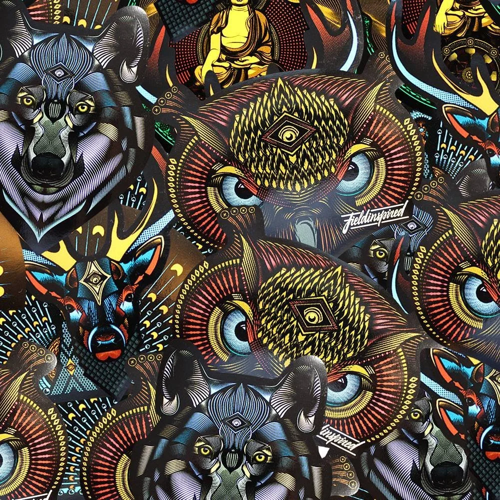 Pattern featuring colorful, stylized wolves, owls, deer, and a meditating figure with a vibrant, artistic design.