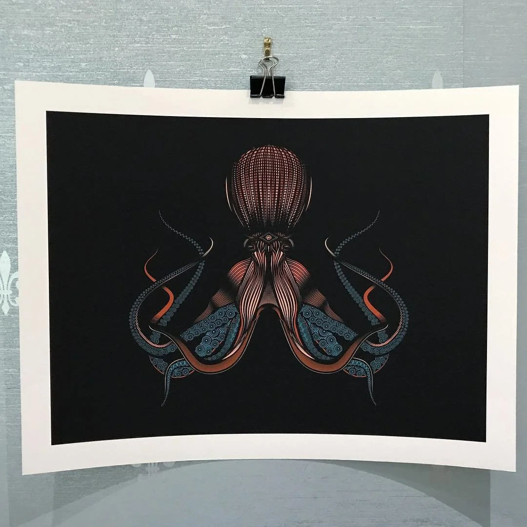 A digital artwork of a stylized octopus with a globe-shaped head on a black background, featuring intricate patterns in blue and orange.