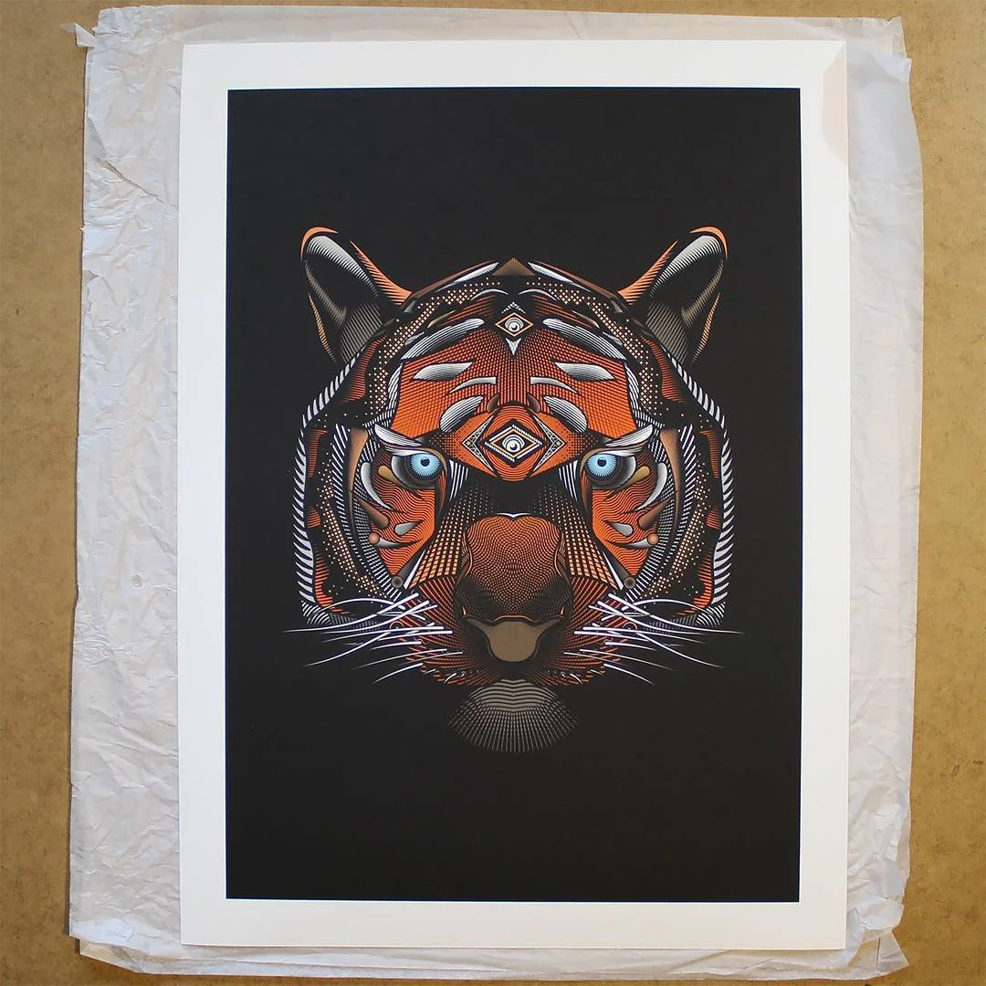 Stylized digital art of a tiger's face with intricate details and vibrant colors on a black background.