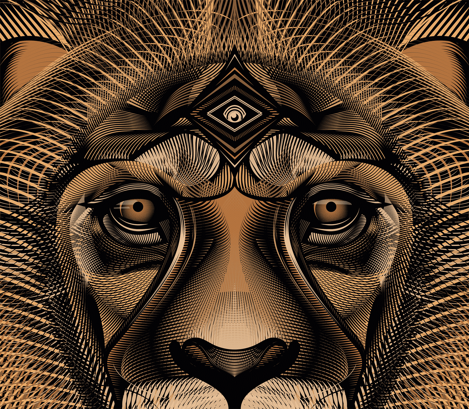 A digital, abstract illustration of The Last Lion by Fieldinspired with intricate geometric patterns and a futuristic, technological style. Detailed close up shot.