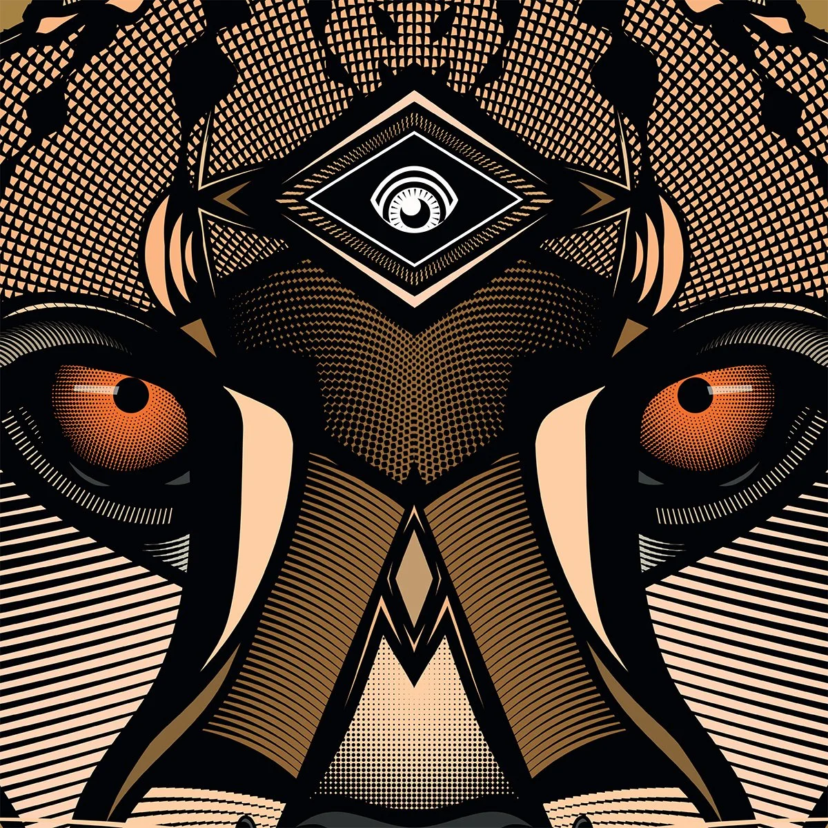 A digital, abstract illustration of The Chosen Cheetah by Fieldinspired with intricate geometric patterns and a futuristic, technological style. Detailed close up shot.