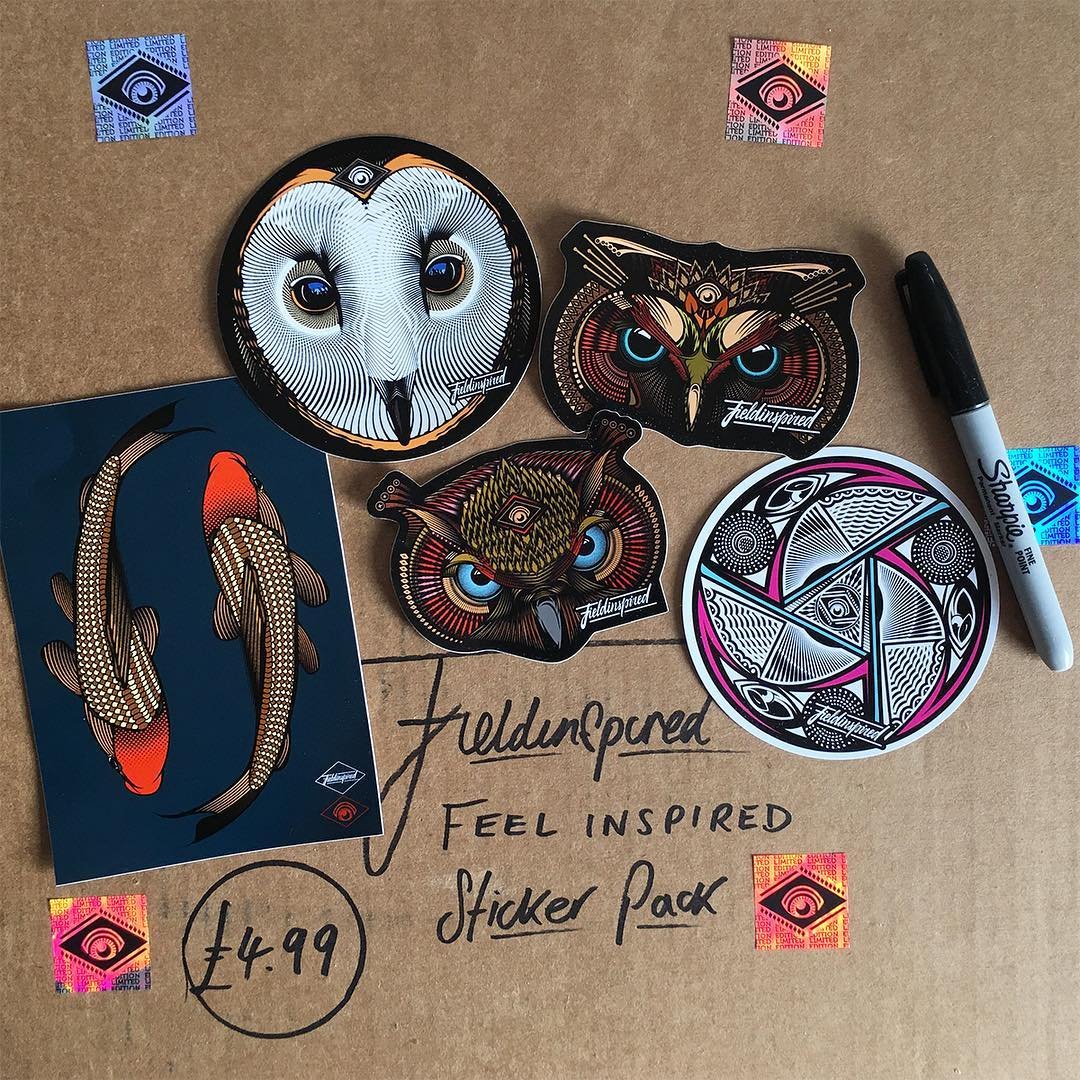 A collection of owl and koi fish stickers, some with intricate patterns and some with colorful designs, on a brown paper background. Handwritten text advertising a sticker pack for sale at £4.99, along with a Sharpie marker and holographic eye icons.