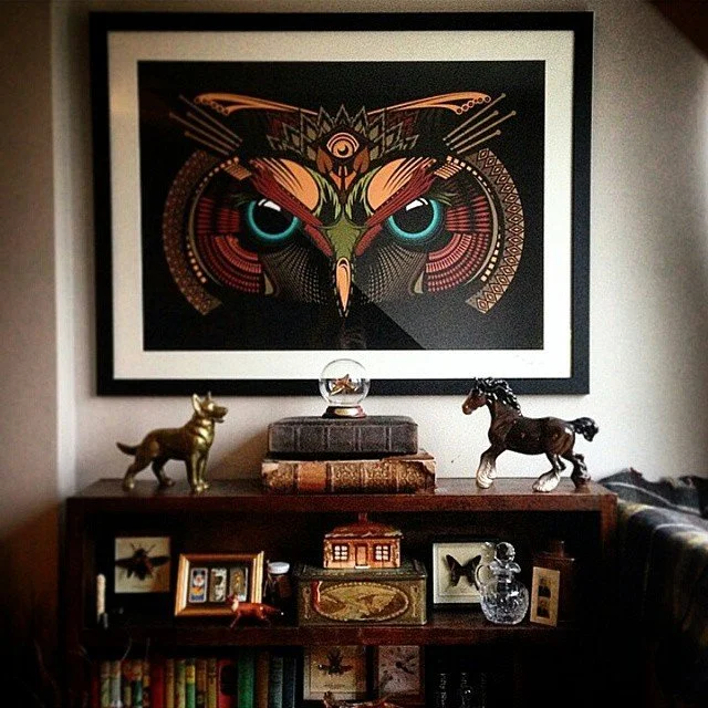 A photo sent in by a customer of The Dark Owl by Fieldinspired, printed mounted and framed Printed on high quality Somerset Enhanced Velvet, signed and certified limited edition.