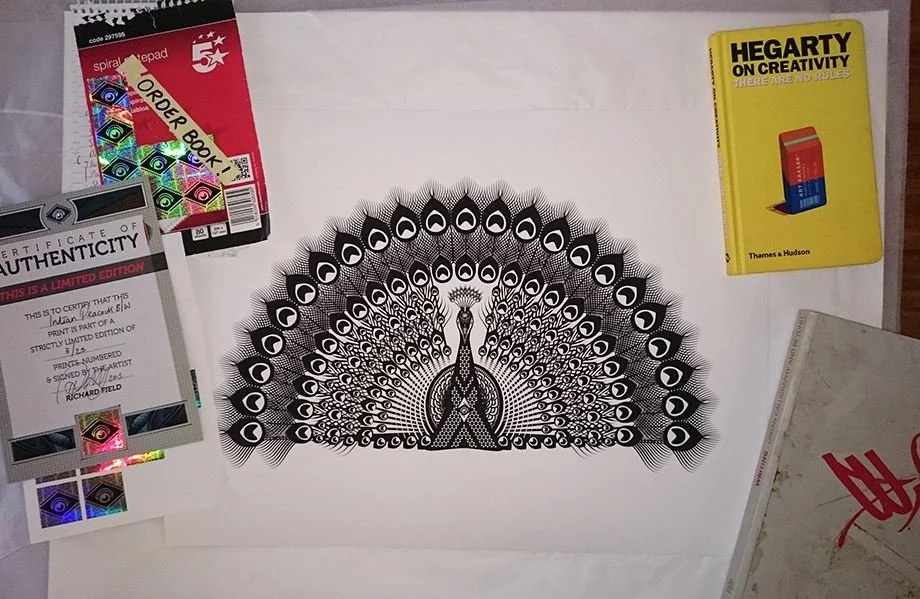 Photo of the Peacock black on white edition by Fieldinspired, signed, certified and printed on high quality Somerset Enhanced Velvet. Ready to be sent to a customer.