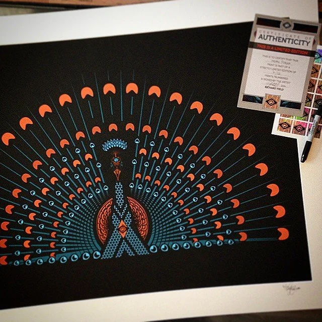 Digital artwork of a peacock with a stylized fan of feathers in blue and orange on a black background, accompanied by an authenticity certificate in the top right corner.