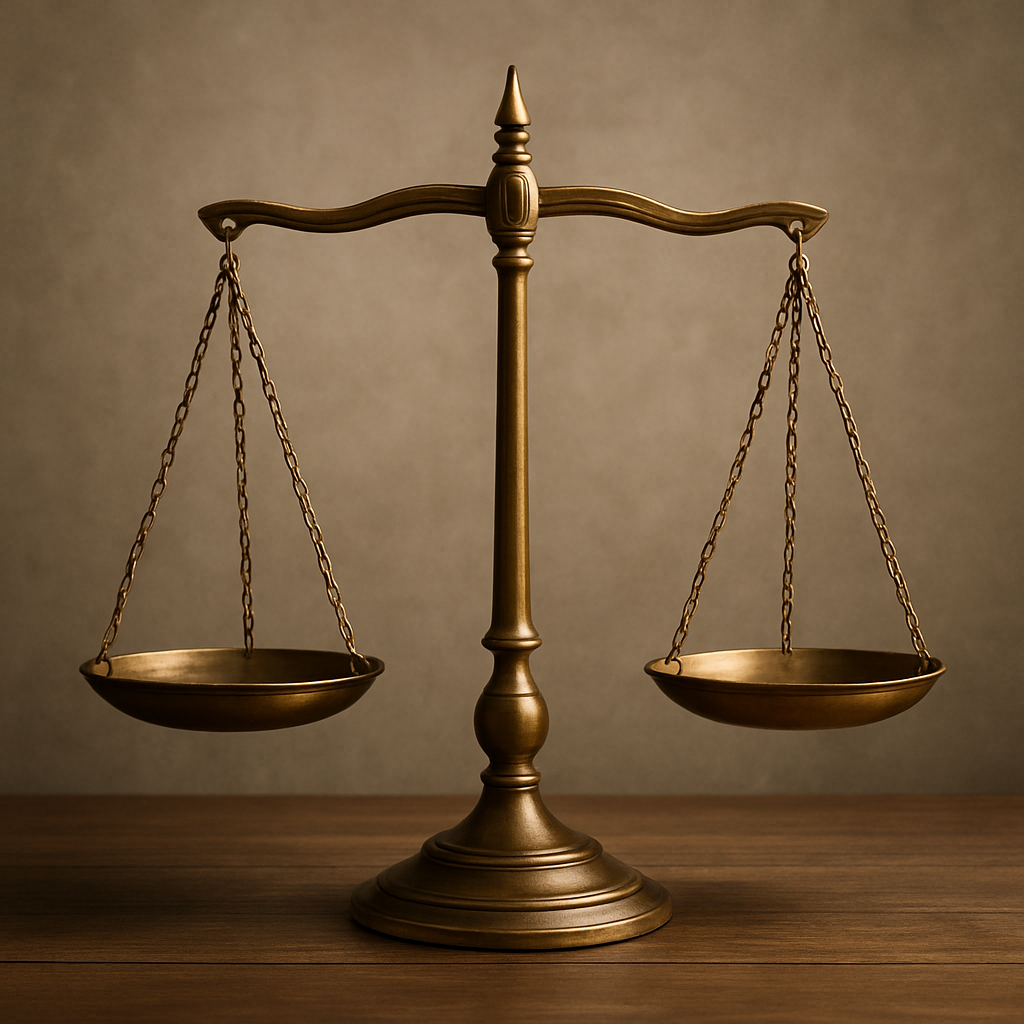 A brass balance scale with two empty pans, set on a wooden surface against a neutral background.