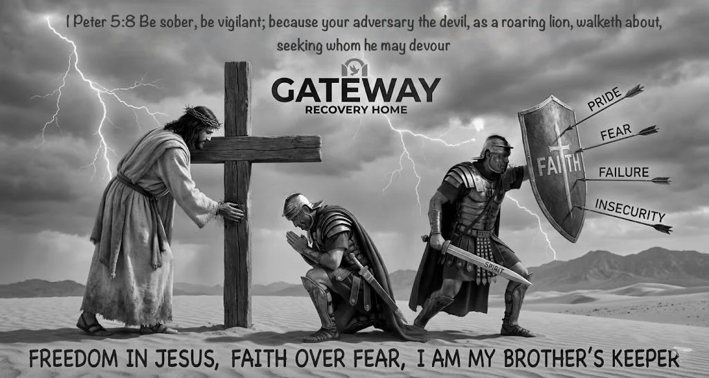 A black and white religious scene showing Jesus Christ with a crown of thorns, standing beside a cross, while a kneeling soldier prays. Another soldier with armor holds a shield labeled "FAITH," which has arrows labeled "PRIDE," "FEAR," "FAILURE," and "INSECURITY" piercing it. The background features stormy clouds with lightning, and mountain scenery. Text at the top cites 1 Peter 5:8. Additional text promotes faith and trust in Jesus as the way to spiritual freedom.