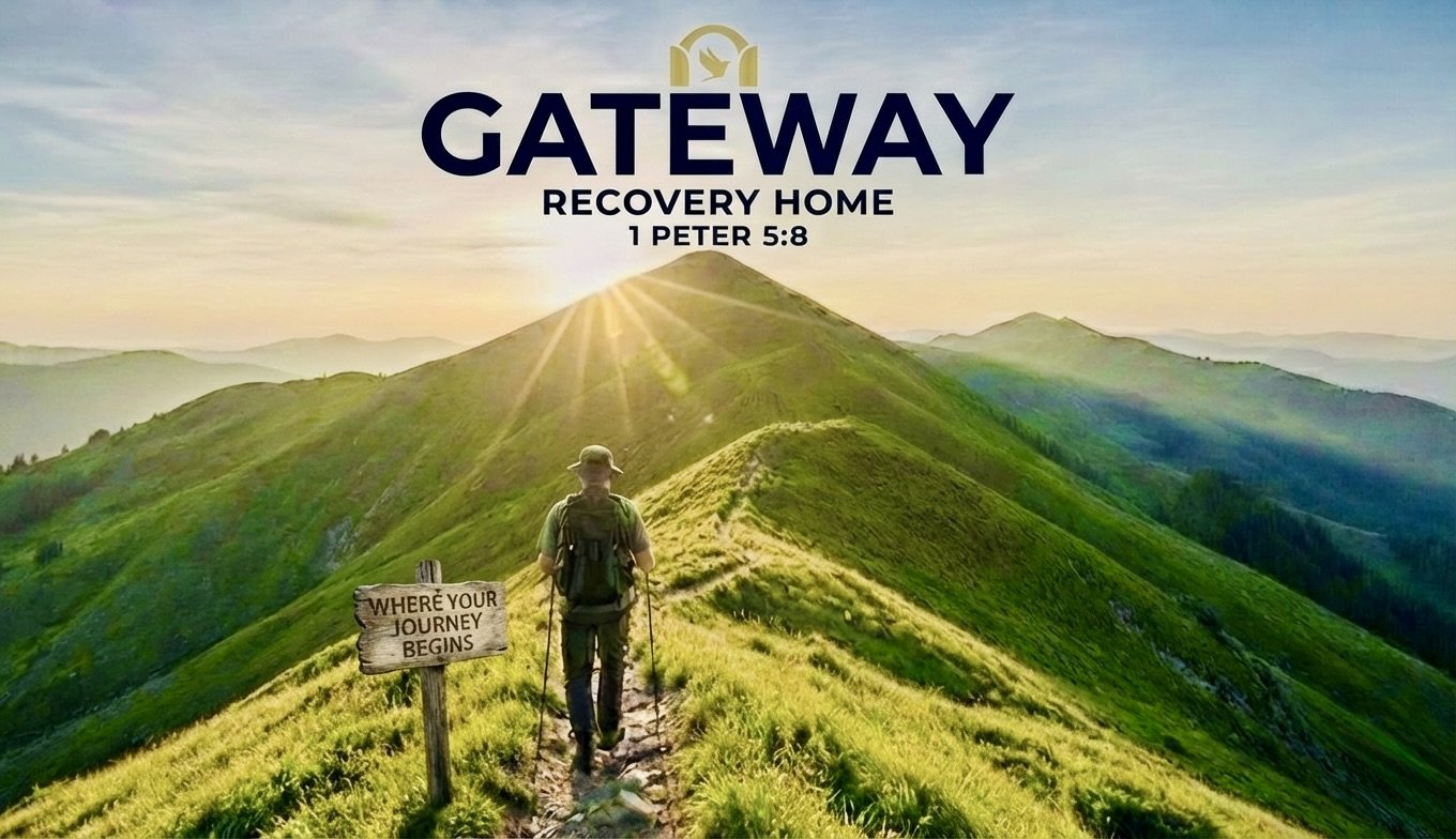 A hiker standing on a trail at sunrise on a green mountain ridge. A wooden sign reads "Where your journey begins." The sky is partly cloudy with the sun shining over distant mountains.