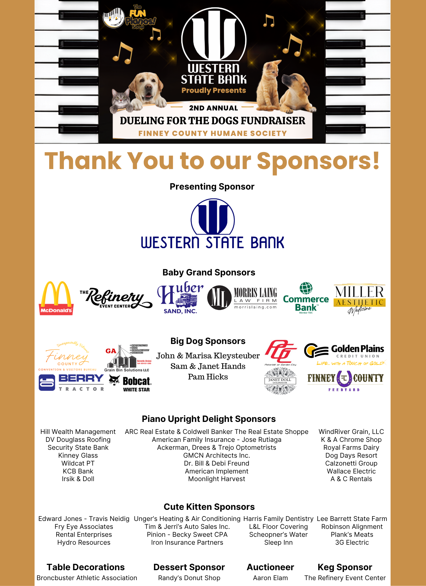 Event poster for the 2nd Annual Dueling for the Dogs Fundraiser at Western State Bank, featuring images of dogs and cats, with sponsors listed including McDonald's, McRefinery, Huber Sand, Morris Laing Law Firm, Commerce Bank, Miller Aesthetic Medicine, and others, on a background with a piano keyboard design.