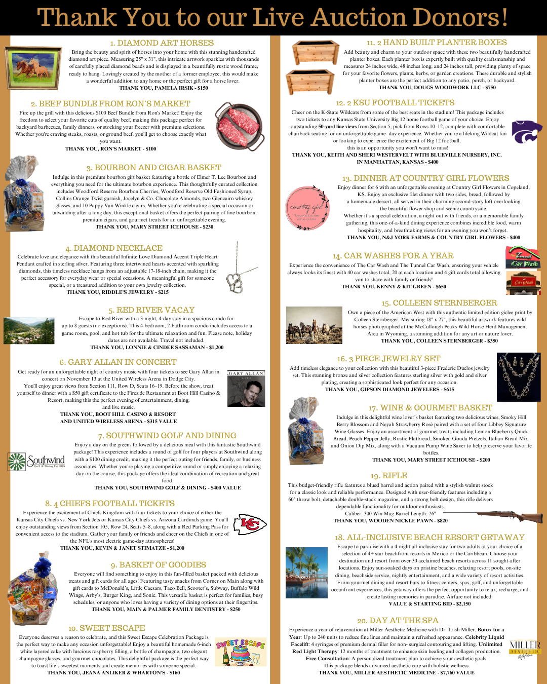 A colorful thank you poster listing various items donated to a live auction, including artwork, food baskets, jewelry, concert tickets, and services, with descriptions and donor acknowledgements.