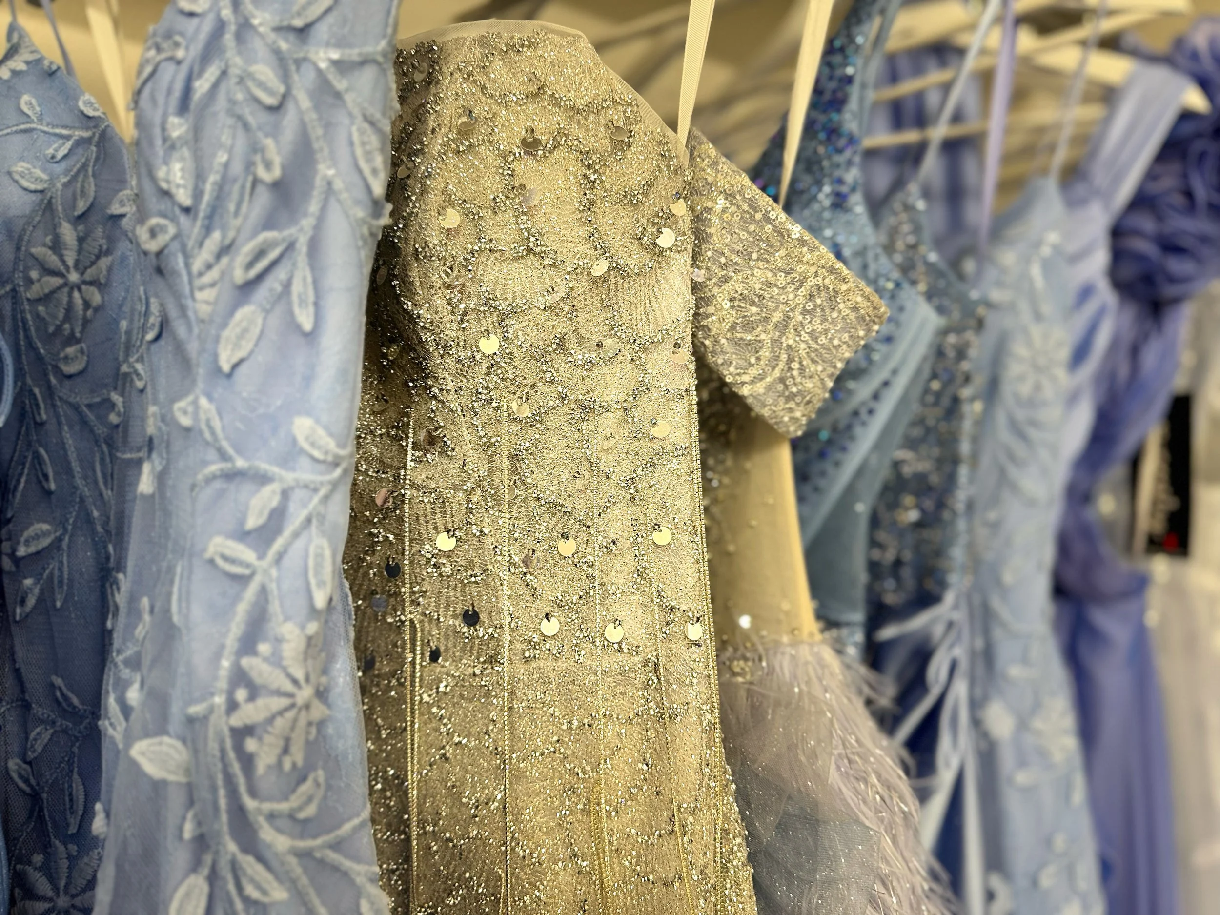 A row of elaborate, decorative dresses in shades of blue and silver, featuring intricate embroidery and embellishments, hanging on a rack.