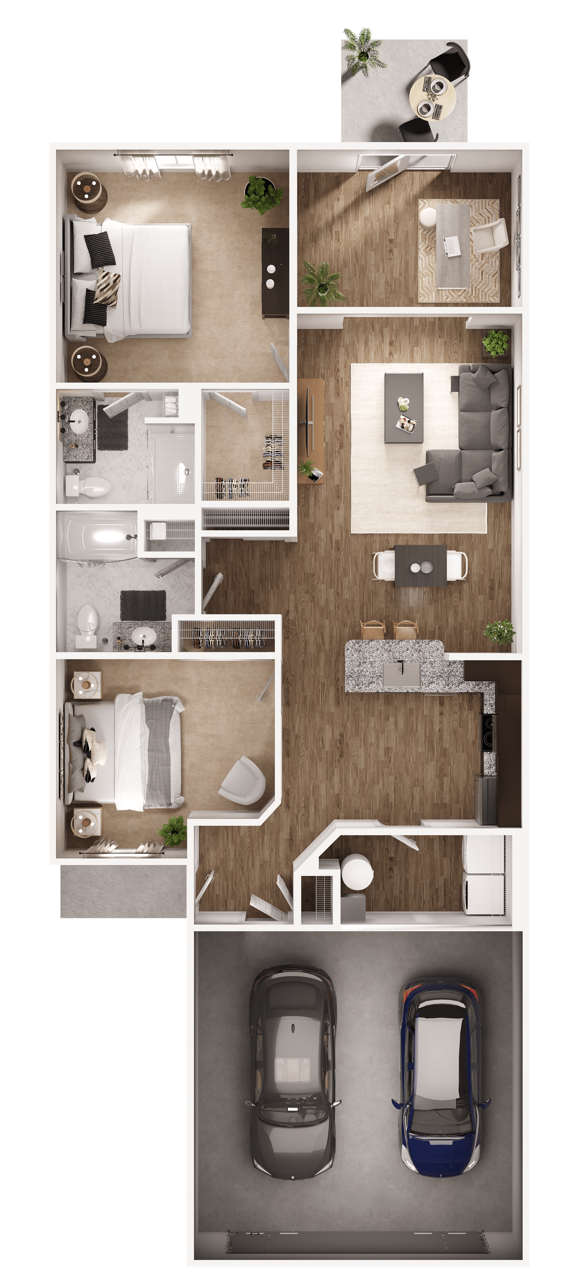 Top-down view of a single-story house floor plan featuring a two-car garage, laundry room, two bedrooms, two bathrooms, a kitchen with island, dining area, and a living room, along with a small outdoor patio with table and chairs, and some indoor plants.