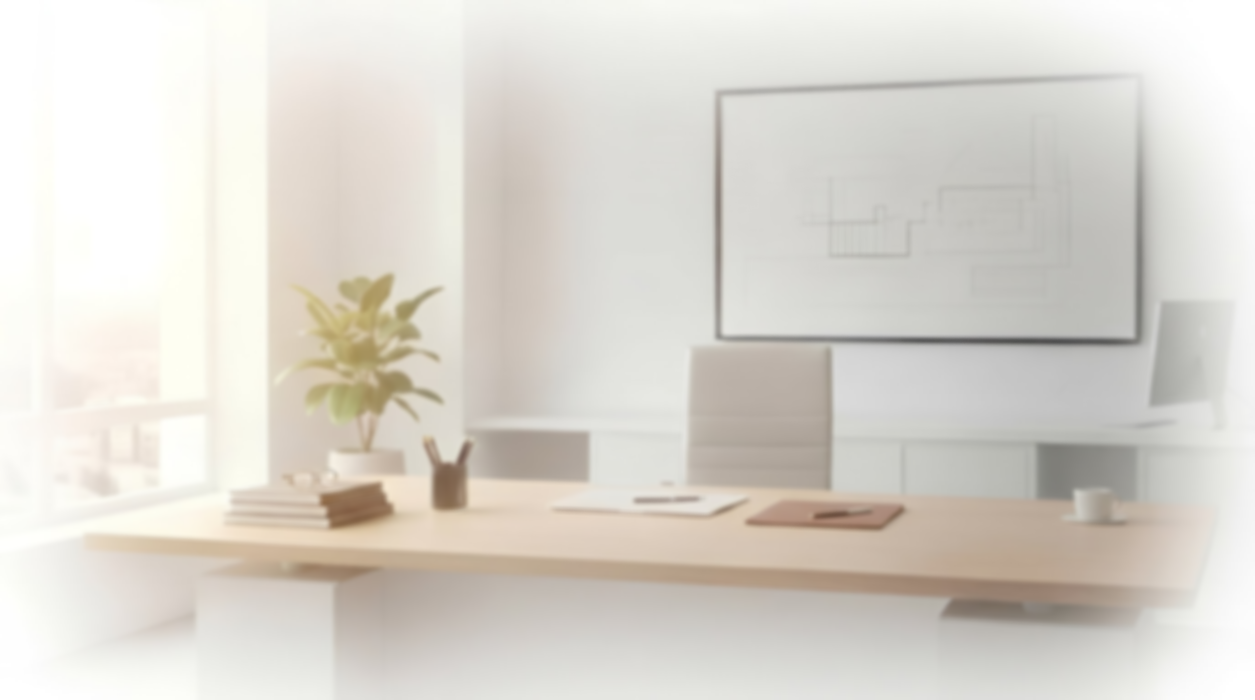 Modern office with light wood desk, white chair, computer monitor, potted plant, and window letting in natural light