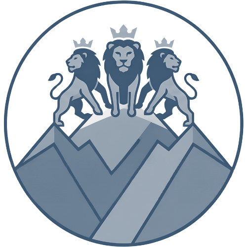 A logo with a circular border featuring a mountain and three lions with crowns, symbolizing strength and leadership.