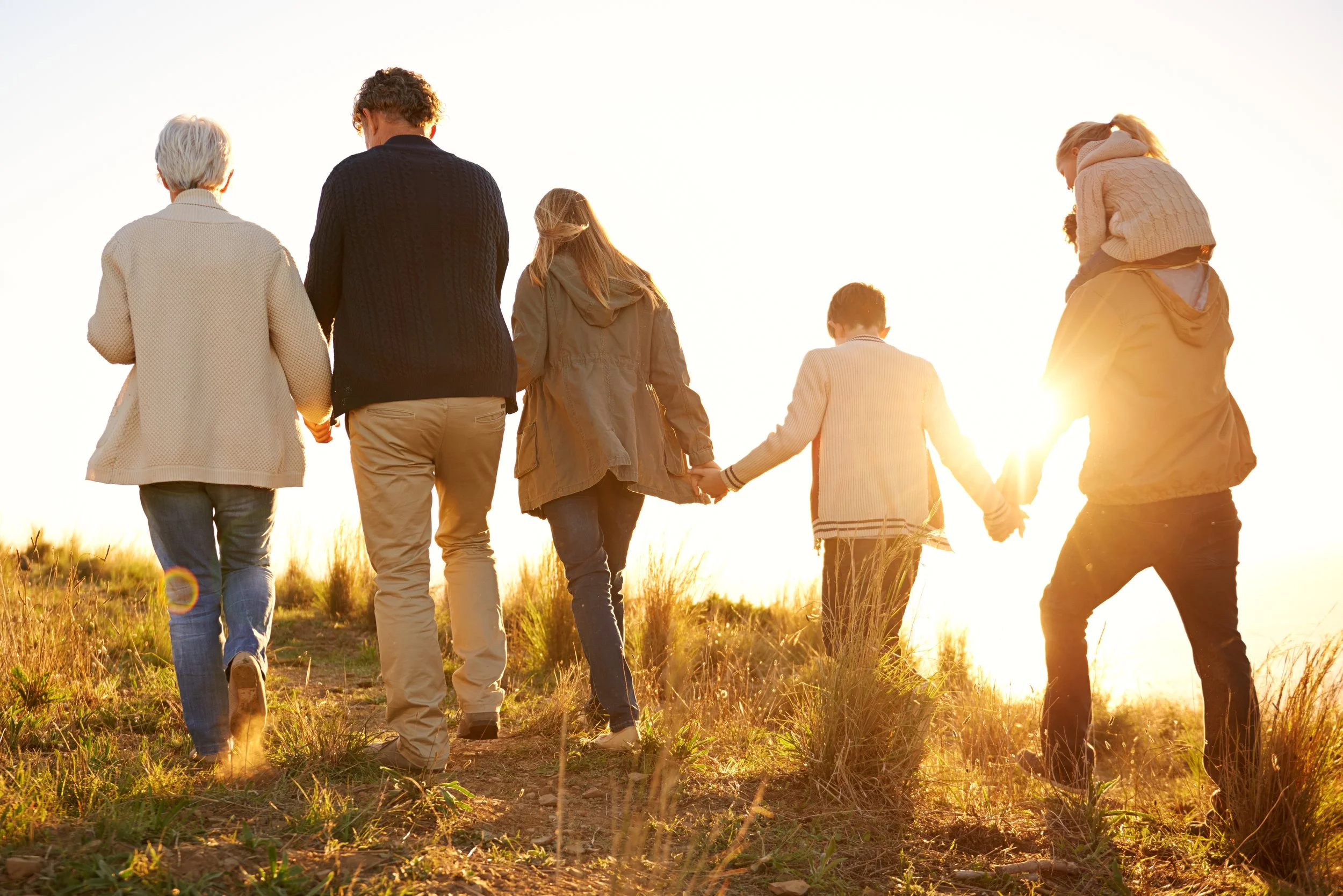 Group of six people walking hand in hand outdoors during sunset, with sunshine behind them and grassy landscape.