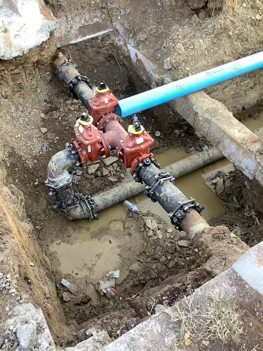 Underground waterline and fire hydrant installation shown during construction.