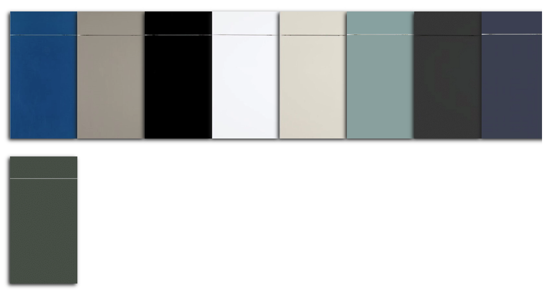 A row of color swatches in various shades of blue, beige, black, white, green, gray, and dark blue, with a separate larger swatch of dark green.