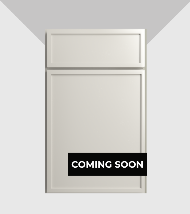 White cabinet with a 'Coming Soon' sign in black and white at the bottom