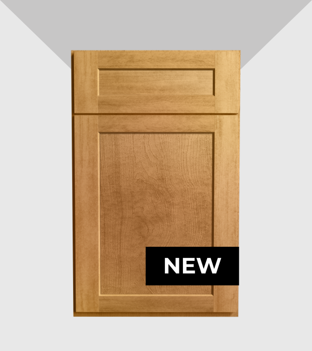 A new wooden cabinet with a large door and a smaller drawer on top, labeled 'NEW' in black and white