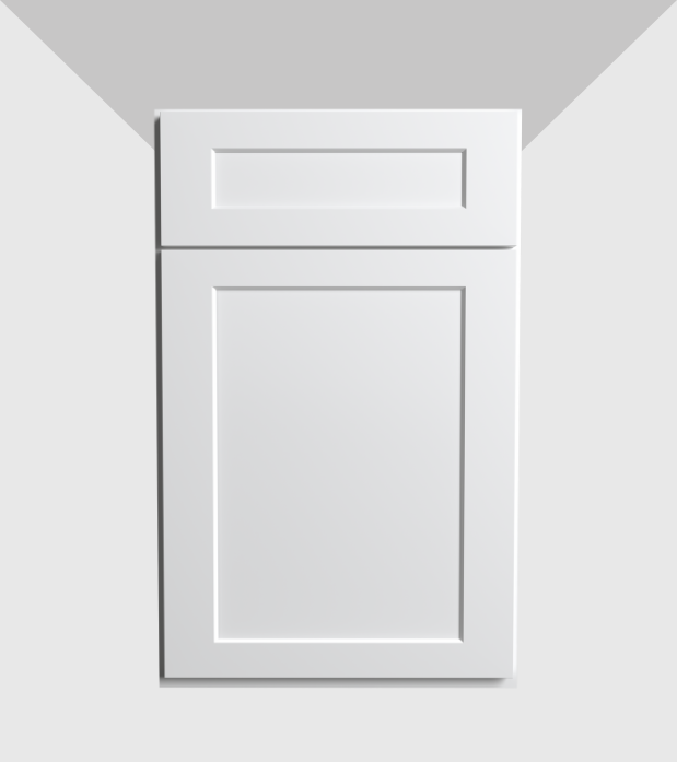 White cabinet with door and drawer on a wall