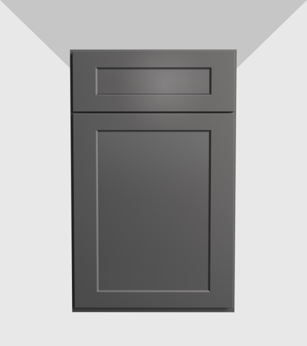 Gray kitchen cabinet with a rectangular drawer above a larger cabinet door