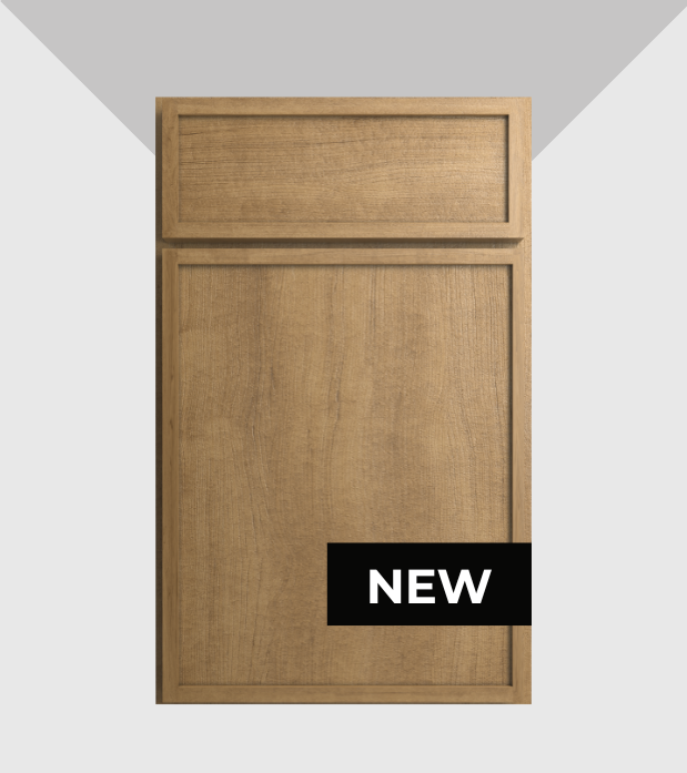 A wooden cabinet with a smaller upper door and a larger lower door, labeled 'NEW' in black with white text.
