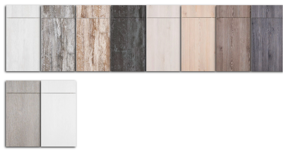 A collection of various wood and laminate flooring samples in different colors and textures, arranged in rows.