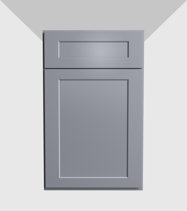 Gray kitchen cabinet with a drawer above a larger cabinet door, mounted on a wall.