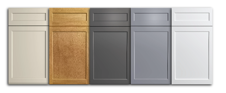 Five cabinet doors in different colors: beige, light brown, dark gray, lighter gray, and white.