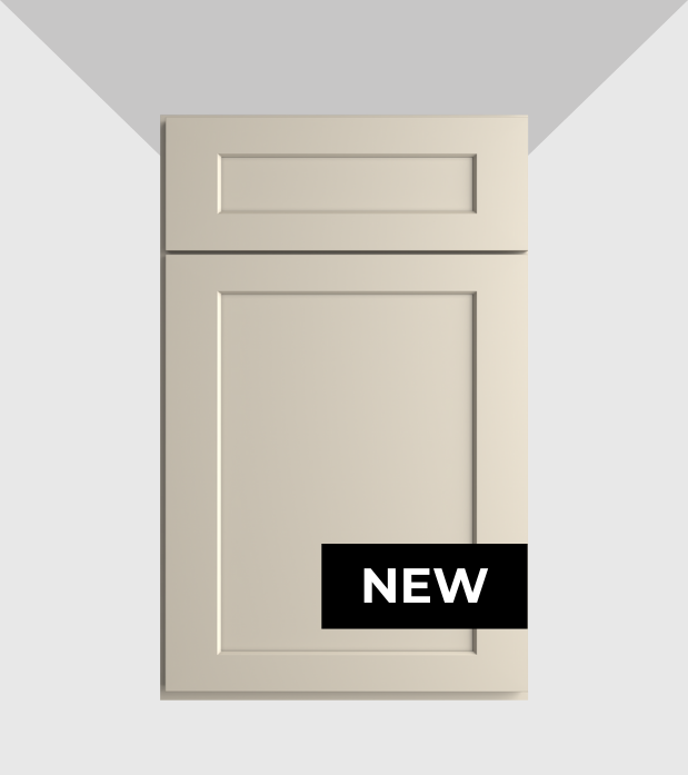 A beige cabinet door with a black label that reads 'NEW' in white text.
