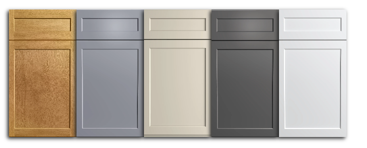 A row of five kitchen cabinet doors in different colors: wood finish, light blue, beige, dark gray, and white.