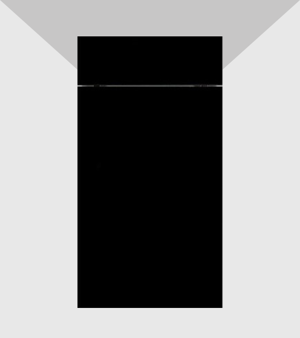 A black lighter with a silver hinge, standing upright on a gray surface against a light gray background.