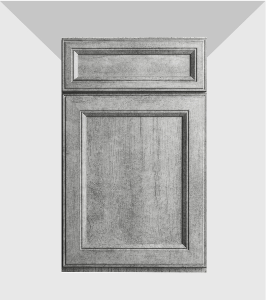 A close-up black and white photo of a wooden kitchen cabinet door with a rectangular frame design.