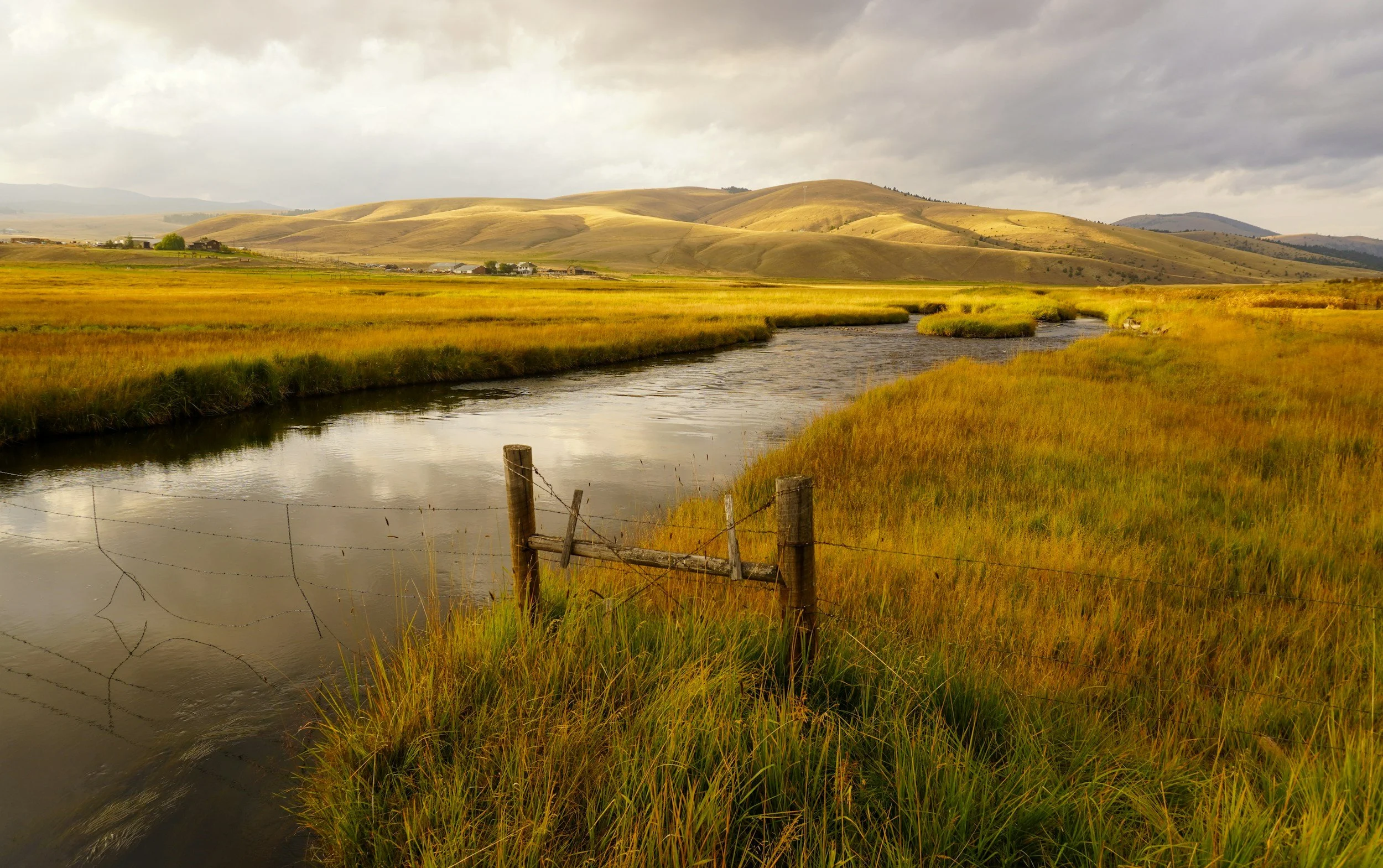 A winding river through grassy plains with rolling hills in the background, cloudy sky overhead.