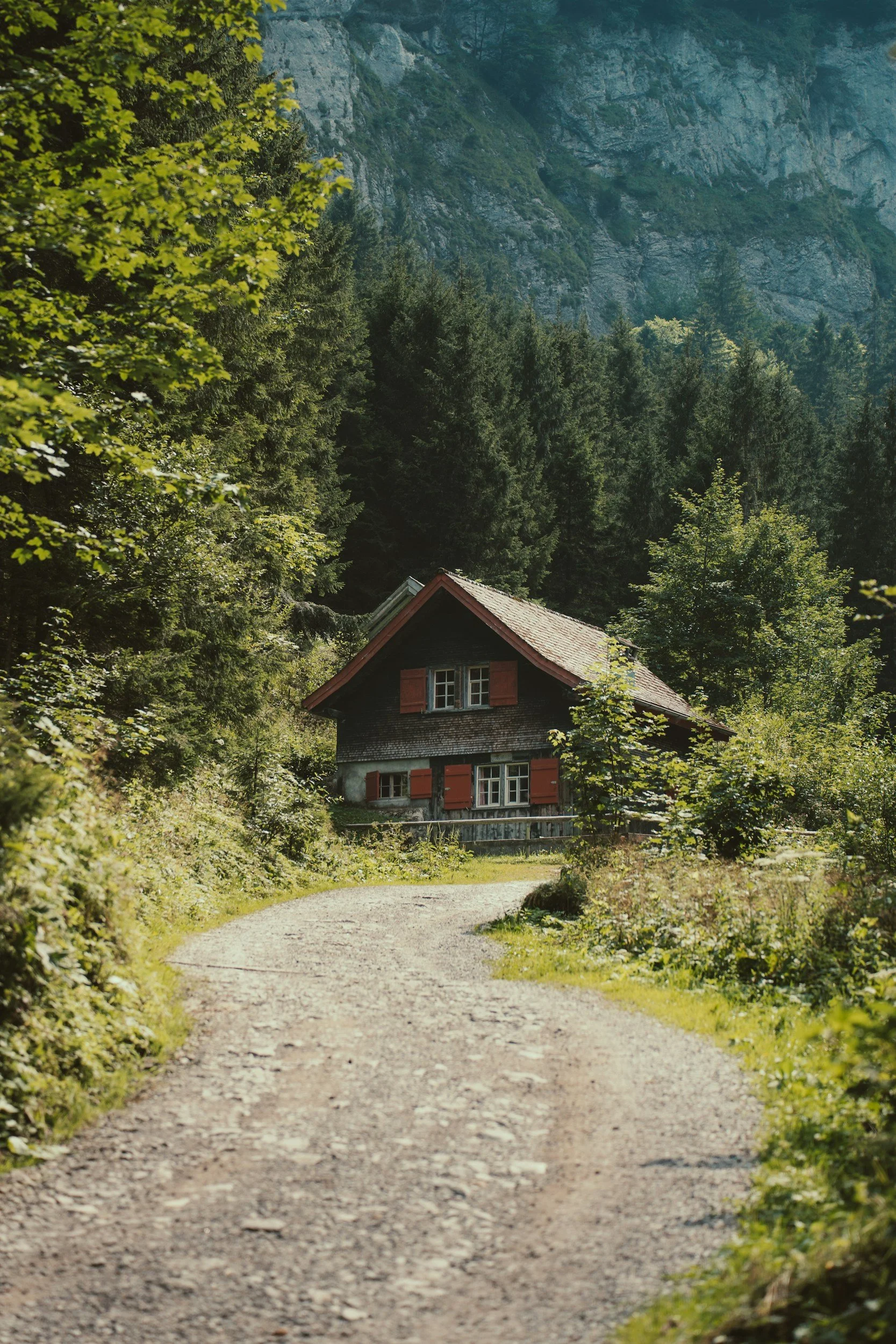 A rustic house with red shutters situated along a winding gravel path, surrounded by lush green trees and mountainous terrain in the background.