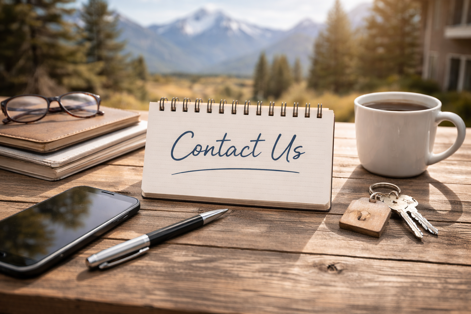 A wooden table with a white cup of coffee, a notebook with glasses on top, a smartphone, a pen, keys, and a sign that says "Contact Us" with a mountain landscape in the background.