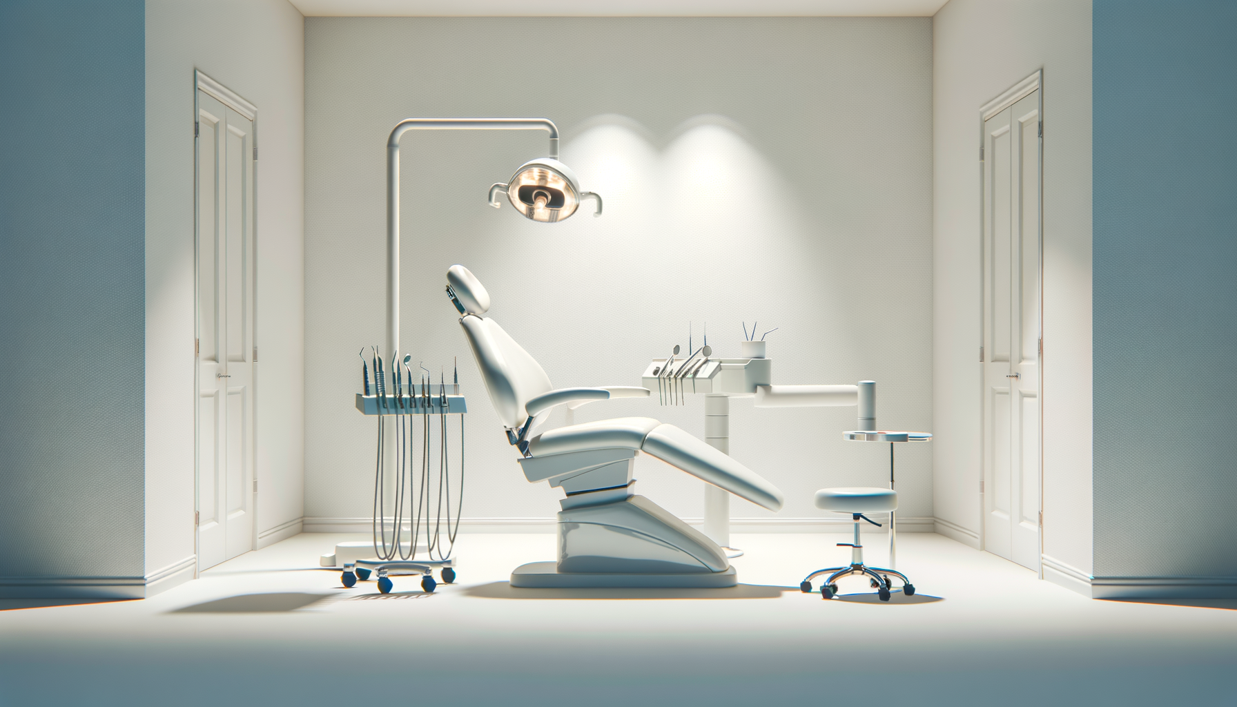 Sterile dental office with dental chair, overhead light, tool cart, and dental instruments.