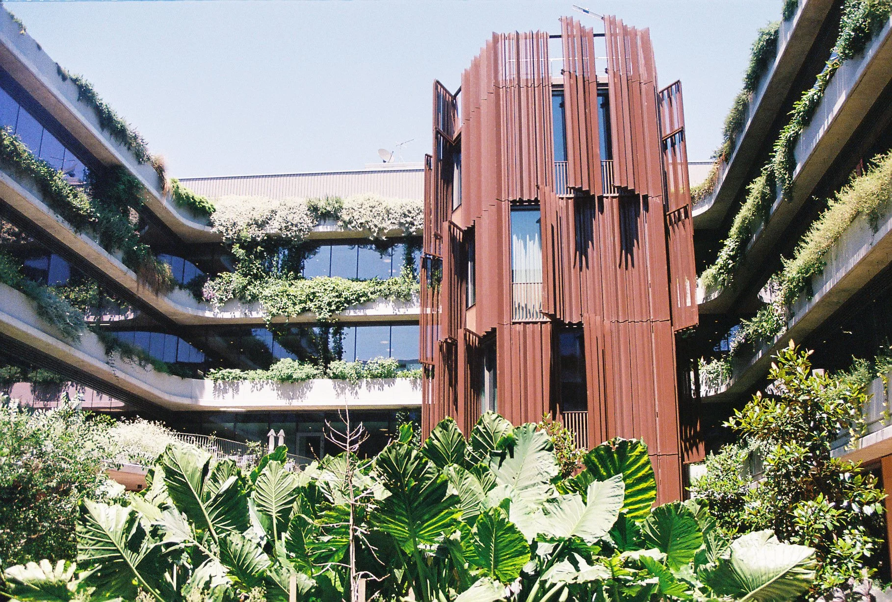 A modern building with vertical rust-colored metal panels and glass windows, surrounded by lush green plants and terrace gardens on multiple floors.