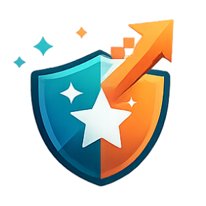 Shield with a star in the center, divided into blue and orange halves, with an upward arrow crossing through the shield, symbolizing protection and growth.