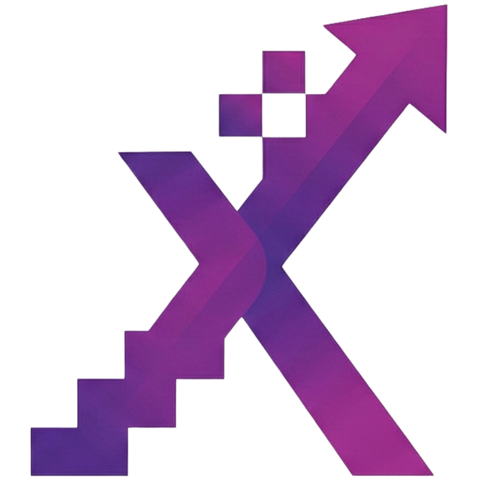 A large purple upward-pointing arrow with smaller steps on the left side, representing growth or progress.