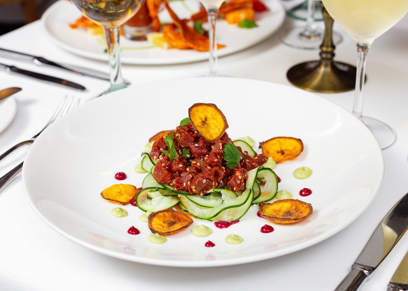Plate of beautiful food at La Casona Restaurant at Villa La Estancia resort and spa on Medano beach Cabo San Lucas.