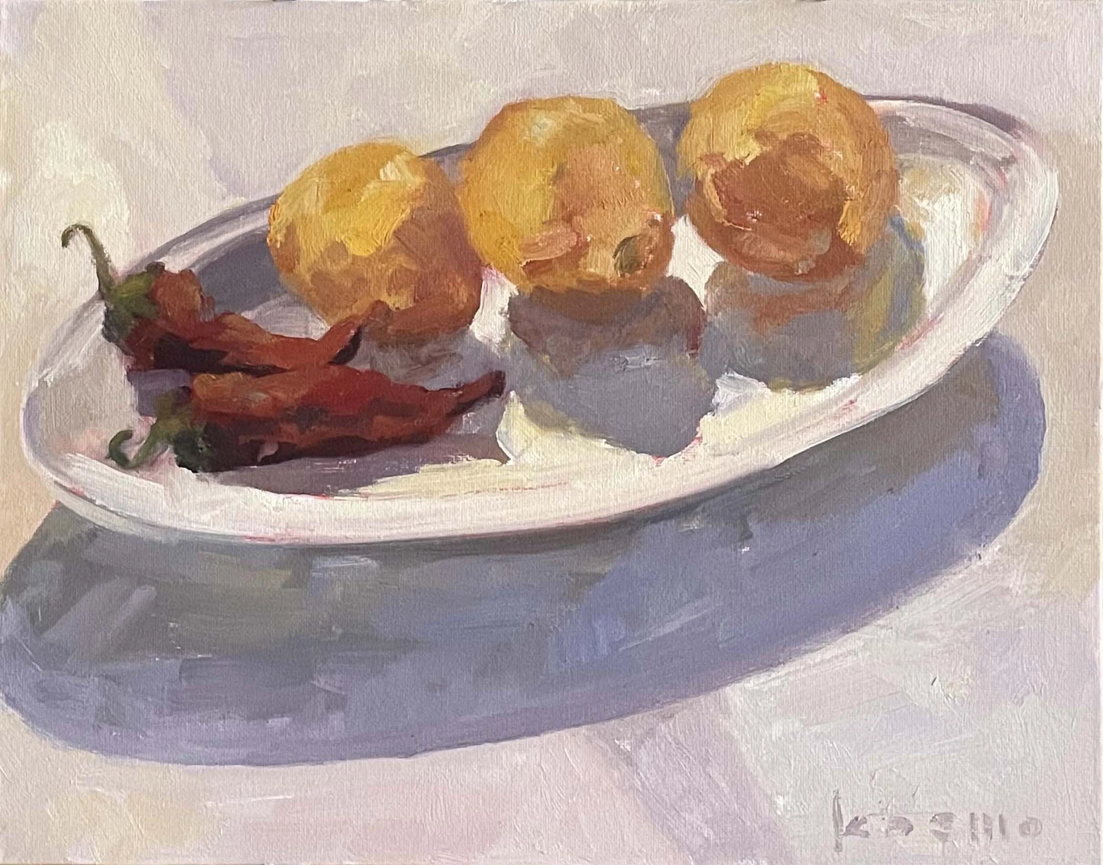 "Hot Peppers and Lemons,"
Backyard, 11x14, Oil