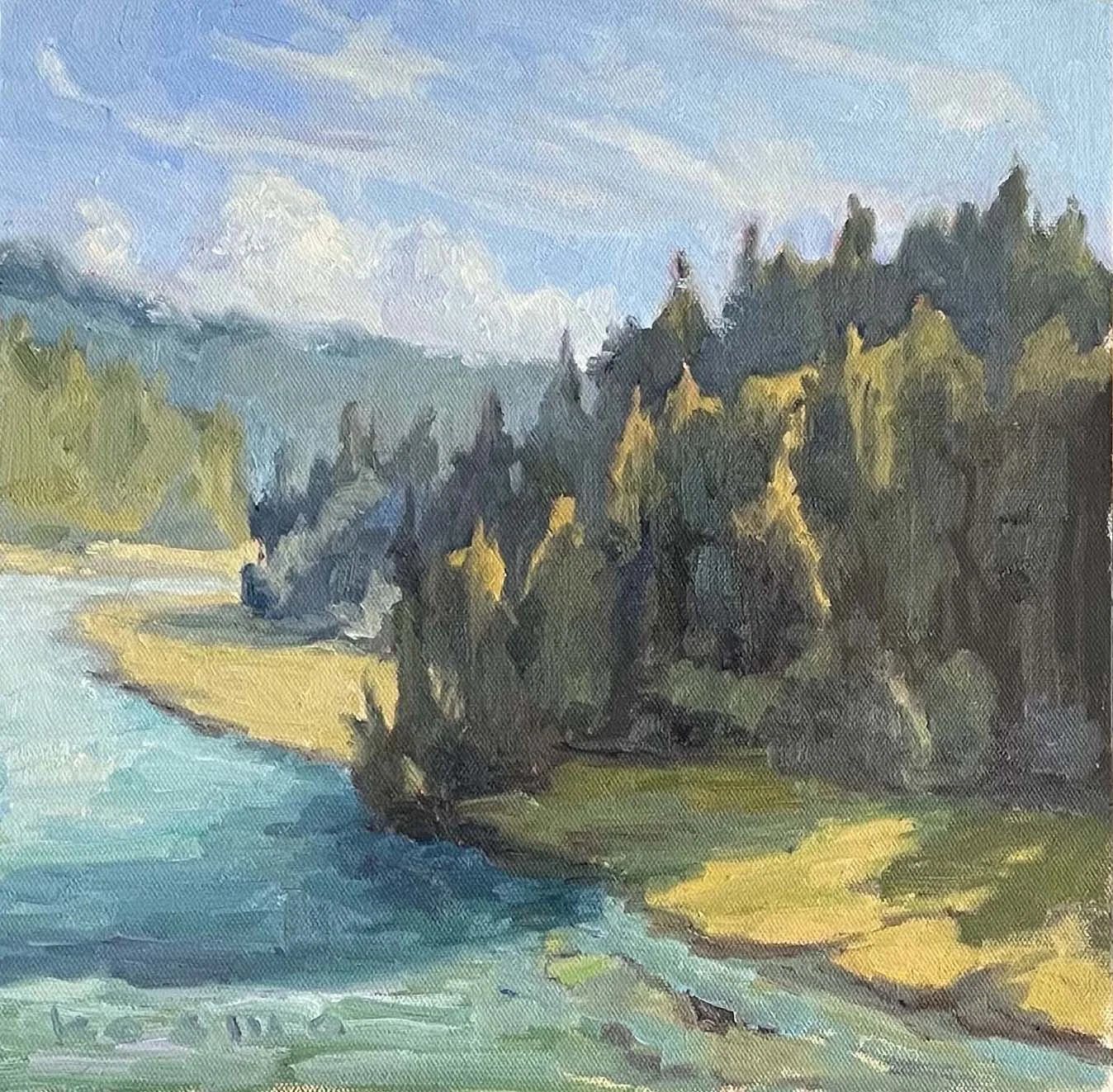 "The Bejeweled Big River,"
On Location, Mendocino, 12x12, Oil
