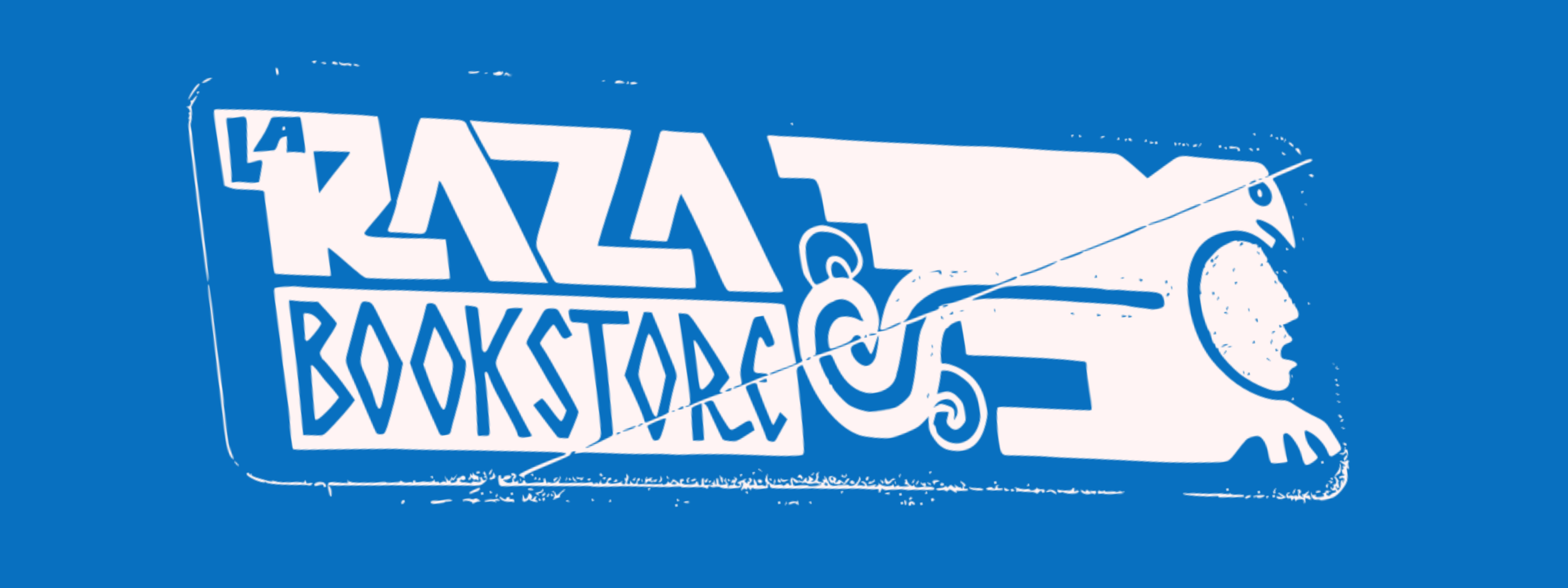 Blue background with white stylized text reading 'KLA Bookstore' and illustrations of a book and a person reading.