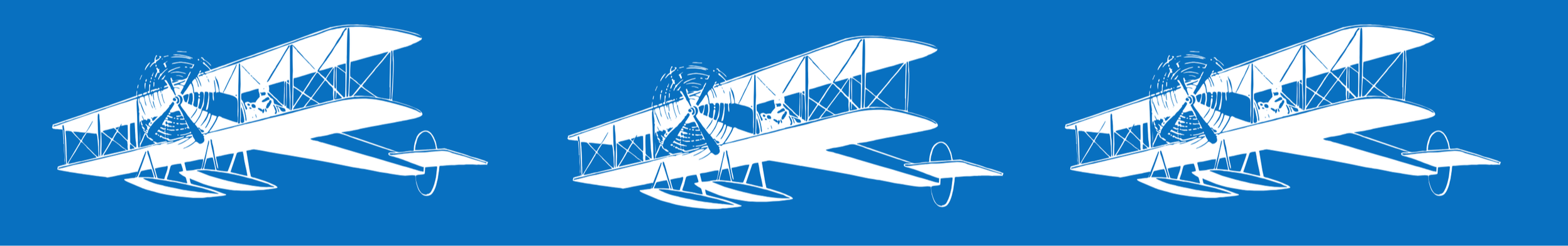 Three white vintage biplanes flying in formation against a blue sky background.